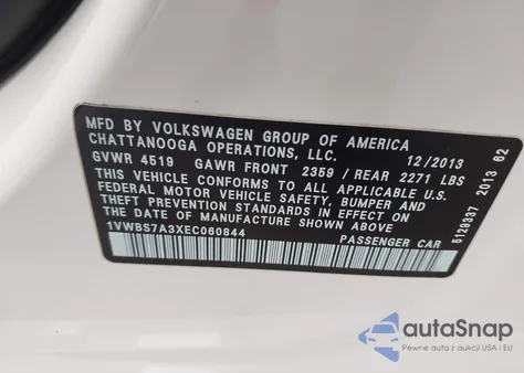 2014 Volkswagen Passat 1.8T Se из США, поврежденный, VIN 1VWBS7A3XEC060844